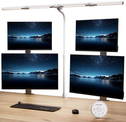EYOCEAN Schreibtischlampe, 4 Lichtquellen, Teleskopstange mit Einstellbarer Höhe, 24W 100cm Tageslichtlampe Schreibtisch mit Fernbedienung, Dimmbare Monitor Lampe, Schwanenhals Büro Tischlampe