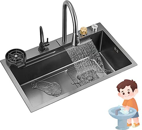 Fregadero de un solo tazón negro, fregadero de estación de trabajo de instalación empotrada o bajo encimera, fregadero engrosado con escurridor de control de mostrador/lavavajillas y grifo extraíble,