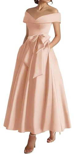 Robe de mère de la mariée en satin à épaules dénudées Longueur thé Robe d'invité de mariage formelle avec nœud, rose gold, 38