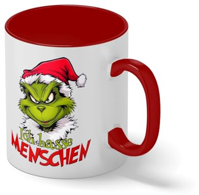 B&S Boutique Ich Hasse Menschen – Grinchmas Lover Weiße Kaffeetasse Mug mit roten Felgen und Griff