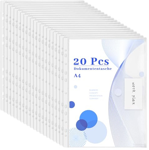 A4 Dokumententasche, 20 Stück Transparent Dokumentenmappe mit 11 Löchern Wasserdicht Sammelmappen mit Klettverschluss Etikettentasche Mappen A4 für Dokumente Organisieren