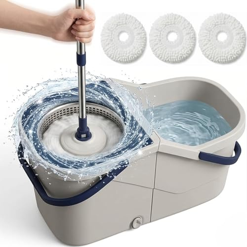 Spin Mop and Bucket Set with Wringer | Microfibre Floor Mop, 360° Rotating Head, Hands Free Flat Mop System, Separate Clean & Dirty Water, Adjustable Handle