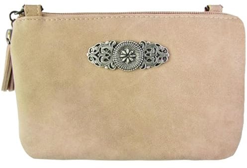 Trachtenland Damen Trachten Handtasche Sofia – Dirndl Umhängetasche aus Lederimitat mit Applikation & Troddel in Pastellfarben oder Schwarz (Beige, ca. 18 x 12 x 8 cm)