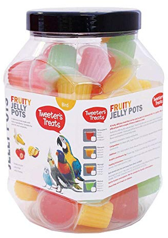 Tweeter's Treats Fruity Jelly Pots Mixed Flavours Jar 60pc | Fruity jelly pot treat for birds – mixed strawberry, mango, banana & lemon flavours, part of a balanced diet