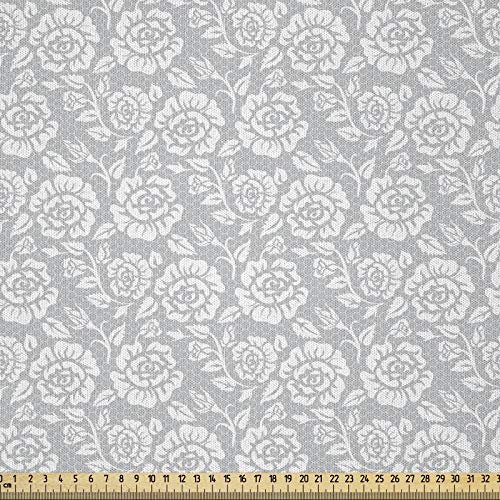 ABAKUHAUS Grau Stoff als Meterware, Vintage-Stil Weiße Rosen, Microfaser Stoff für Dekoratives Basteln, 1M (230x100cm),