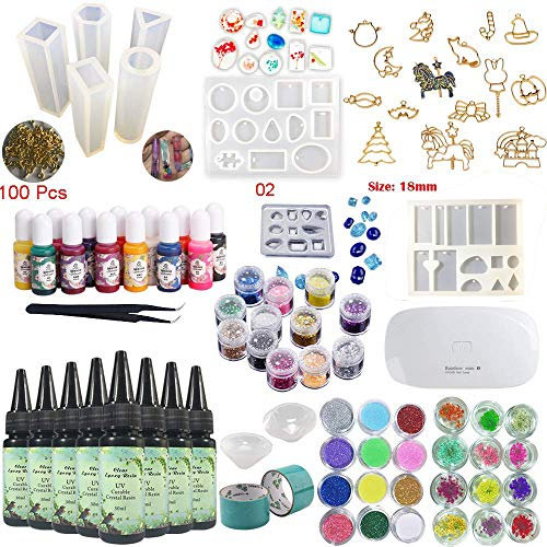8x UV-Harz Kristallklares Epoxidharz 10 Formen 17 Einfassungen 13 Einfarbige Farbstoffe 36 Holographische Pailletten Getrocknete Blumen Dekoration mit tragbarer UV-Lampe Schmuck Bastelset