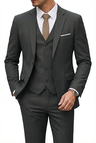 YND Men's 3 Piece Suit Set with Tie, 2 Button Slim Fit Solid Blazer Jacket Vest Pants, Business Wedding Party Suits for Men, Deep Grey