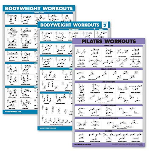 3er-Pack: Bodyweight Workout Poster Volume 1 & 2 + Pilates Übung Poster Set – 3 Trainingstabellen (laminiert, 45,7 x 61 cm)