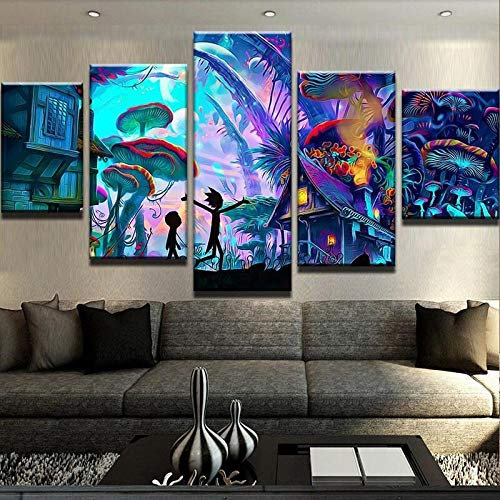 GIRDSS Wandbild Bilder Auf Leinwand 5 Teilig Mushroom World Rick and Morty Format Wandbilder Wohnzimmer Wohnung Deko Kunstdrucke