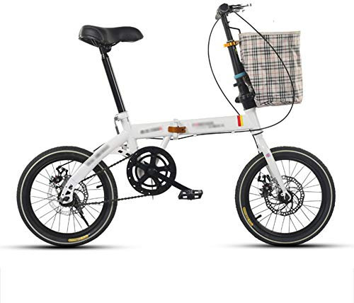 JHNEA 16 Zoll Faltrad Klapprad, Kohlenstoffstahlrahmen Fahrrad Klappfahrrad mit Korb und Komfortsattel Campingrad Citybike,White
