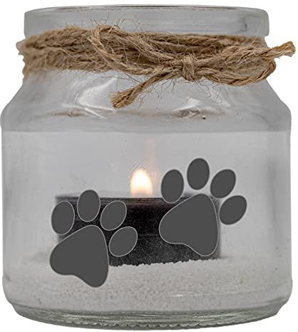 WB wohn trends Trauer-Windlicht Glas mit Teelicht und Sand, Tier-Pfoten Hund Katze Pfote, 8x7cm Trauer-Licht mit Trauer-Kerze Gedenk-Kerze schwarz