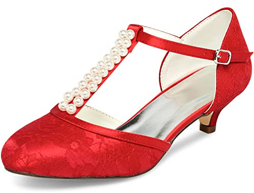 JIAJIA 01129 Damen Brautschuhe Geschlossene Zehe T-Riemen Niedrige Ferse Spitze Satin Pumpen Nachahmung Hochzeitsschuhe Farbe Rot,Größe 36 EU