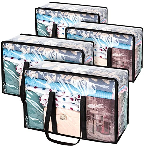 4 Pack Clear Clothes Storage Bags, Large Moving Under Bed Storage Box with Lid, Plastic Laundry Bags with Zips for Clothes, Duvets, Comforters, Blankets