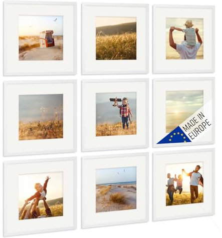 PHOTOLINI Bilderrahmen Holz 30x30 Weiß mit Passepartout, Holzbilderrahmen Made in EU, 9er Set, bruchsicheres Acrylglas, zum Aufhängen, quadratisch, extra Zubehör - für Ihre liebsten Fotos & Bilder