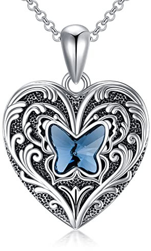 SOULMEET Sterling Silber Schmetterling Herz Medaillon Halskette mit Blauer Kristall Medaillon zum öffnen für 2 bilder Fotos Anhänger für Frauen Mädchen