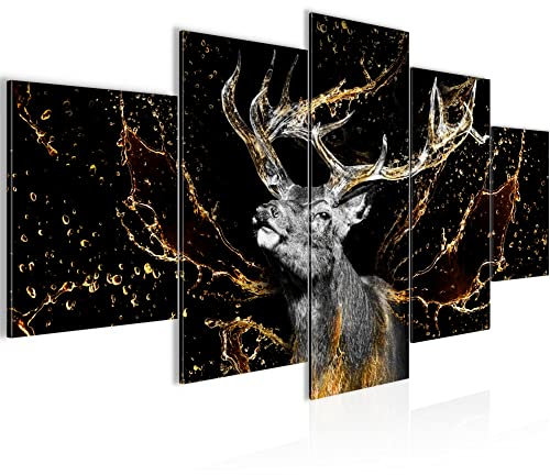 Runa Art - Bilder Hirsch 200 x 100 cm 5 Teilig XXL Wanddekoration Design Schwarz Gold 042451a