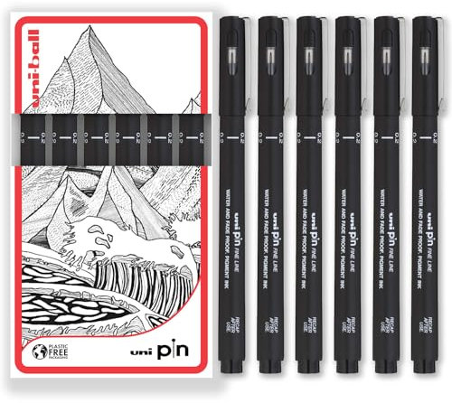 uni-ball PIN Fineliner, schwarze Schreibstifte mit feiner Spitze, wasser- und lichtbeständige Tinte, ideal für Skizzen, Scrapbooking, Konturen, Kunst, technisches Zeichnen, in Geschenkbox (6 Stück,