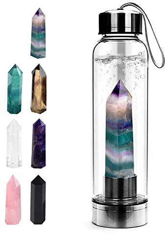 Tyuodna Bouteille d'eau amovible en cristal de quartz naturel de guérison, bouteille d'eau portable anti-fuite en pierre précieuse 550 ml (fluorite colorée + bouteille)