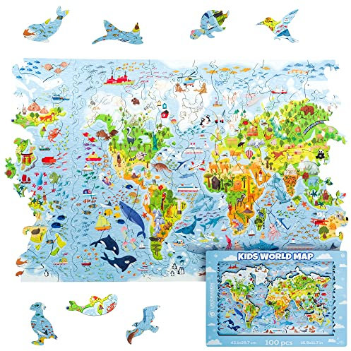 UNIDRAGON Original Holzpuzzle — Kinder Weltkarte, 100 Teile, 16.9 x 11.7 Zoll (43.1 x 29.7 cm) Schöne Geschenkverpackung, Einzigartige Form Erwachsene und Kinder
