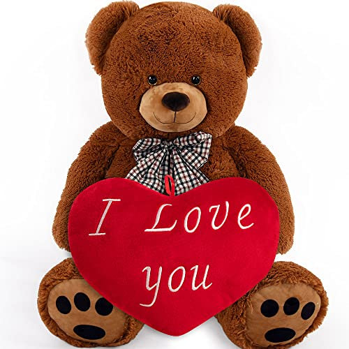 Monzana® Teddybär Herzkissen 50cm Braun Weich Dichtes Fell Schleife Tatzen Ich Liebe Dich Geschenk Valentinstag Plüschbär Kuscheltier Bärchen Bär