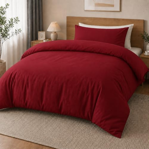MOONLIGHT20015 Single Duvet Cover Set Premium Burgundy Bedding Sets | Brushed Microfibre Quilt Cover with Pillow Case, Breathable Solid Soft Bed Set, Machine Washable - Ideal for Homes and Hotels