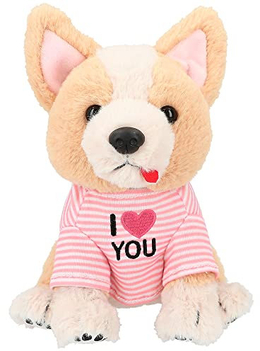 Depesche 12078 TOPModel - Kuscheltier Corgi Lotti mit hellbraunem Fell und rosa gestreiftem T-Shirt, ca. 18 cm großer Plüschhund