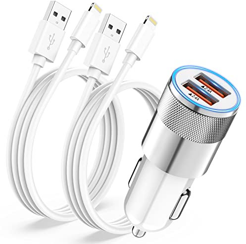 Caricatore Auto iPhone con 2x Cavo Lightning,Accendisigari USB 2 Porte Caricabatterie Cellulare Presa Adattatore iPhone 14/13/12 Pro Max/11/XS/X/8/7/6/SE