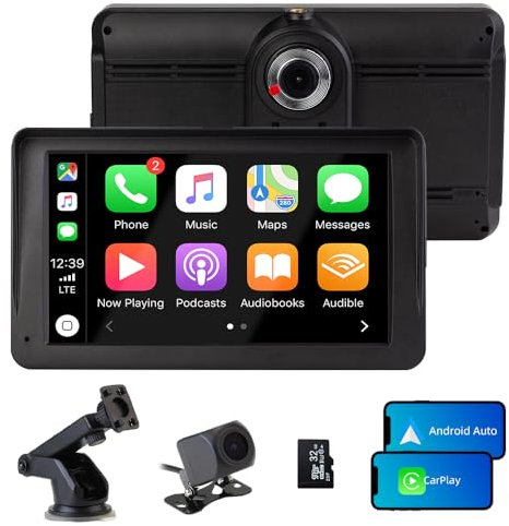 Wireless CarPlay & Android Auto, 7 Zoll Carplay Display mit 2K Frontkamera, 1080P Rückfahrkamera, Bluetooth, Mirror Link, FM, AUX, TF Karte