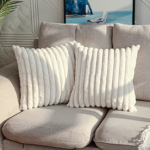 Joyouth 2er Set Doppelseitige Plüsch Samt Kissenbezüge Weiche Künstliche Pelz Kissenbezüge Dekorativ für Couch Sofa Schlafzimmer Wohnzimmer Zuhause 60x60 cm Cremeweiß