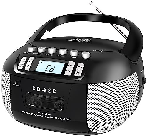 CD Cassette Boombox Combo con radio AM FM, display LCD, registrazione a nastro, alimentazione CA/batteria, jack per cuffie da 3,5 mm, CD-R/CD-RW compatibile per casa, anziani, bambini
