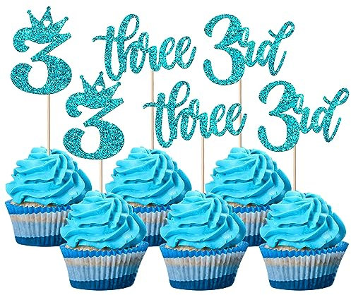 24 Stück Three Geburtstag Tortendeko Glitzer Happy 3rd Cupcake Toppers Crown Kuchen Deko für Dritte Party Dekorationen Blau