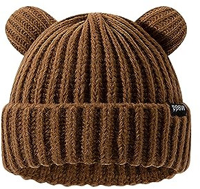 VPTMRP Bärenohr-Mütze, große süße Beanie-Mütze, Strickmütze, warm, lässig, Häkelmütze, Braun, M/L