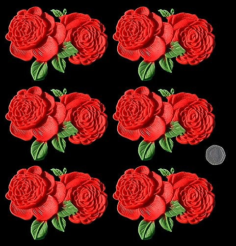 6 x Edible 3D Extra Large Double Roses Rose Flowers icing toppers, cake cupcakes decorations (Red)