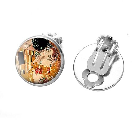Gustav Klimt The Kiss Ohrringe mit Kunstdruck, erhältlich in Clip-On- und Drop-Stilen., 1.2 cm , Edelstahl, Glas