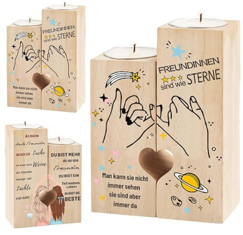 Doppelseitig Bedruckter - Kerzenständer Geschenk für Freundin Deutsch, Beste Freundin Geschenke, Freundschafts, Herzförmiger Kerzenständer Holz für Freundin Geschenke zum Geburtstag Weihnachten