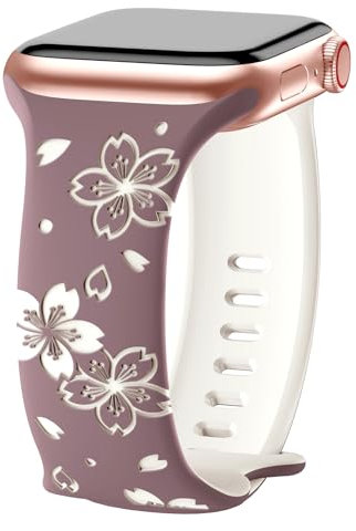 AMSKY Flower Band Kompatibel mit Apple Watch Armband 40mm 46mm 41mm 38mm 42mm 45mm 44mm Damen, Graviert Silikon Armbänder mit Blumen Floral Muster Kompatibel mit iWatch Armband Se 10 9 8 7 6 5 4 3 2 1