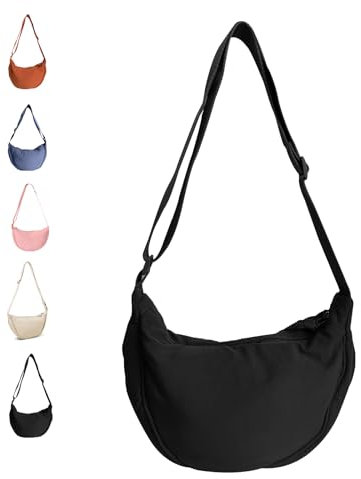 Hernin Nylon Halbmond Tasche, Nylon-Halbmondtasche für Frauen, Einfarbige Tragbare Halbmond Bag Umhängetasche, Damen Moon Bag Crossbody Schultertasche (schwarz)