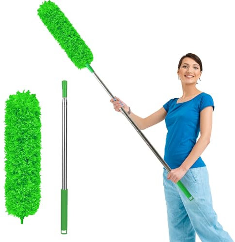 Fogray Extendable Feather Duster, Bendable Microfiber Dusters with Extra Long Telescopic Extension Pole and Soft Silicone Cap, Washable for Cleaning Roof, High Ceiling Fan, Blinds(Green)