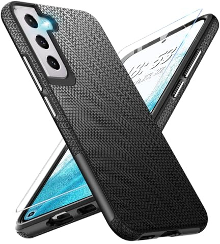 Vaki Handyhülle für Samsung Galaxy S22 Hülle mit Schutzfolie, Schutzhülle Galaxy S22 Bumper Stoßfest Case Rutschfester Textur Hard PC Rugged Hüllen Galaxy S22 5G Cover (Schwarz)