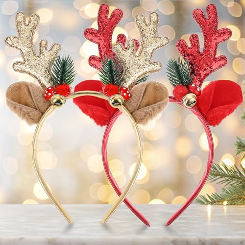 2 Stk Weihnachts-Stirnbänder, Glitzer Haarreif Mit Geweih, Weihnachtsbaum Und Rentier Kopfschmuck für Damen - Party Haarschmuck