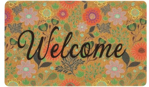 Floral Spring Welcome Mats for Front Door - Flower Indoor Outdoor Entrance Mats Summer Non Slip Coir Seasonal Doormats 17 x 29 Inches