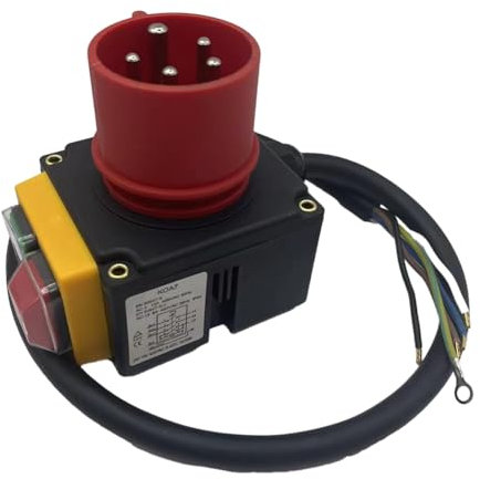 Giwnhvx KOA7 Geräteschalter 380/400V 3 Phasen mit Kabel und Phasenwender, Schwarz & Rot, Druckknopf, AUF-AUF-AN, Kompatibel mit Holzspalter