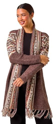Roman Originals Women Cardigan - Ladies Longline Coatigan Tassel Open Front Cardi Winter Autumn Casual Textured Edge to Edge Yarn Patterned Comfy Work Going Out - Brown Multi - Size 12