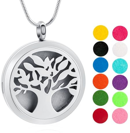 Aromatherapy Essential Oil Diffuser Necklace Tree of Life Pattern Stainless Steel Locket Pendant, with 12 colored felt pads for free
