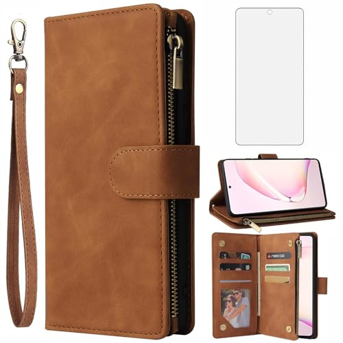 Asuwish Handyhülle für Samsung Galaxy Note 10 Lite Hülle mit Folie Schutzfolie und Kartenfach Klappbar Leder Geldbörse Ständer A81 M60S Note10 10Lite Cover Handy Hüllen Schutzhülle Phone Case Braun