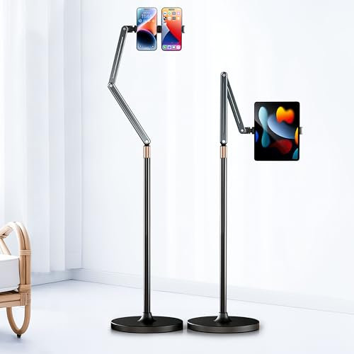 Mechrig Tablet Floor Stand, Angle& Height Adjustable iPad Floor Stand, 2025 Dual-Device iPad & Phone Mount, 360°Tablet Holder for Live Streaming, Overhead Shots & Multi-Angle Recording (4.7-13)