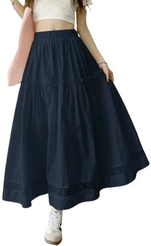 Gyios Rock Frauen Urlaub Maxi Spitze Nähte Falten Eleganter Swing Überwachung-dunkelblau-m