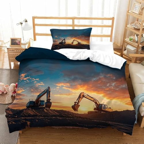 LILIlaobiao Kinder Bagger bettwäsche Set Einzelgröße Mit 1 Kissenbezug: 80 X 80cm, Single Size Schlafhilfe Digger Machine Bettwäsche, Excavators Bettbezug 135x200cm