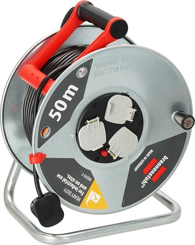 Brennenstuhl Garant Cable Reel 50m (Made in Germany, Extension Lead with 3 sockets and Thermal Cut-Out Protection, Rust-Proof Steel Reel Body, Ergonomic Handle)