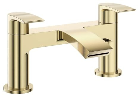 VeeBath Cascade Bath Filler Mixer – Modern Dual Lever Design, Brushed Brass Finish, G3/4 Inlet, Bath Deck Mounted Basin Double Tap Shower, Bathroom Tap Fillers and Mixer Systems